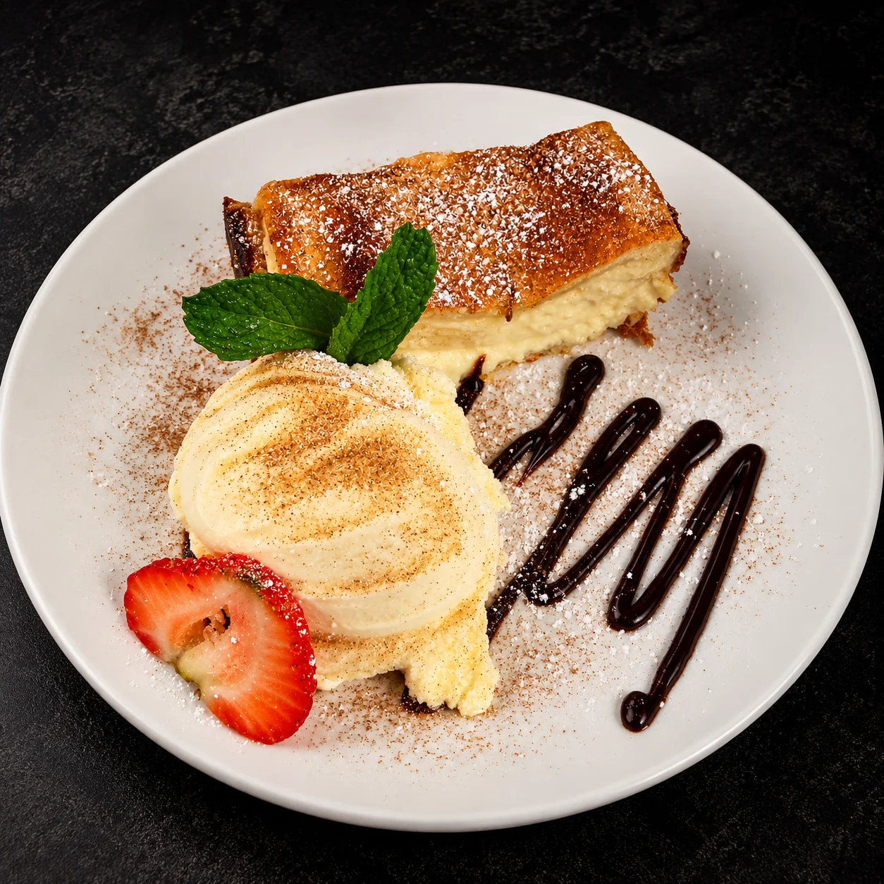 Budín de pan con helado y salsa de chocolate